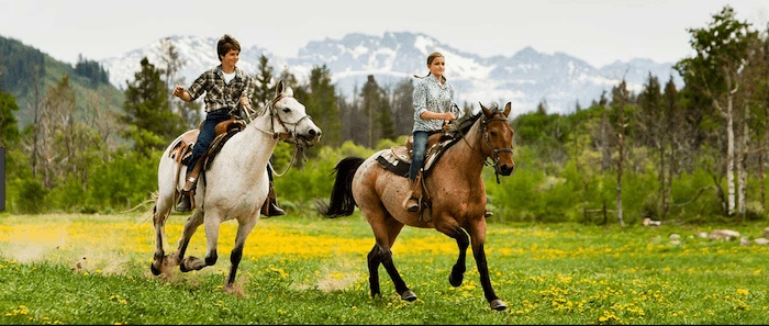 Confident plus-size woman riding Elgin a horse through a field with a smile on her face.